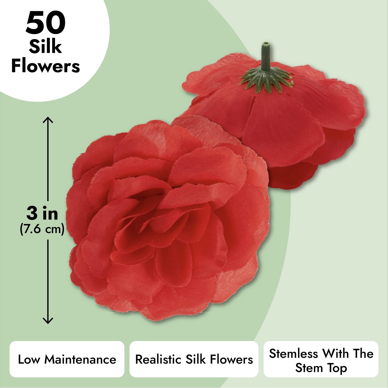 Red Flowers for Centerpieces – 50 Count, 3-Inch Stemless Silk Flower Heads, R…