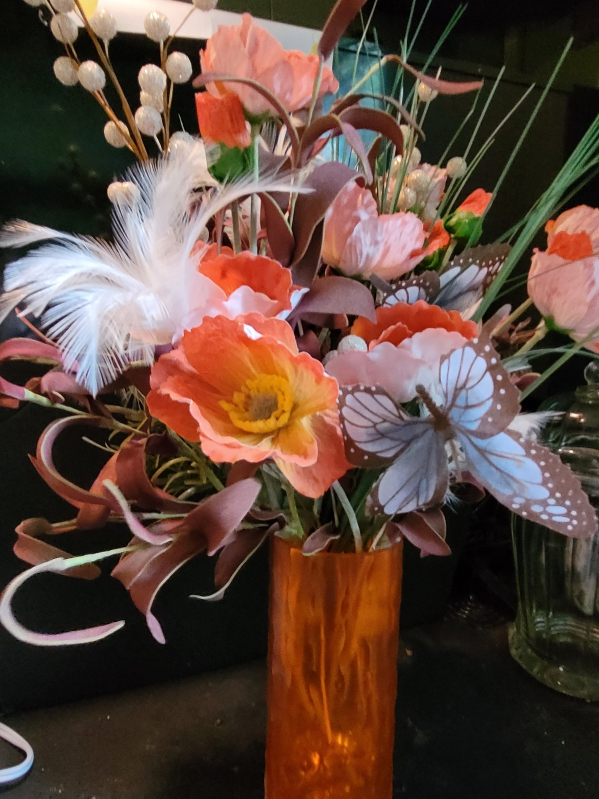 Artificial Poppy Flowers in Orange 8″Vase Butterfly,Feathers much More ,