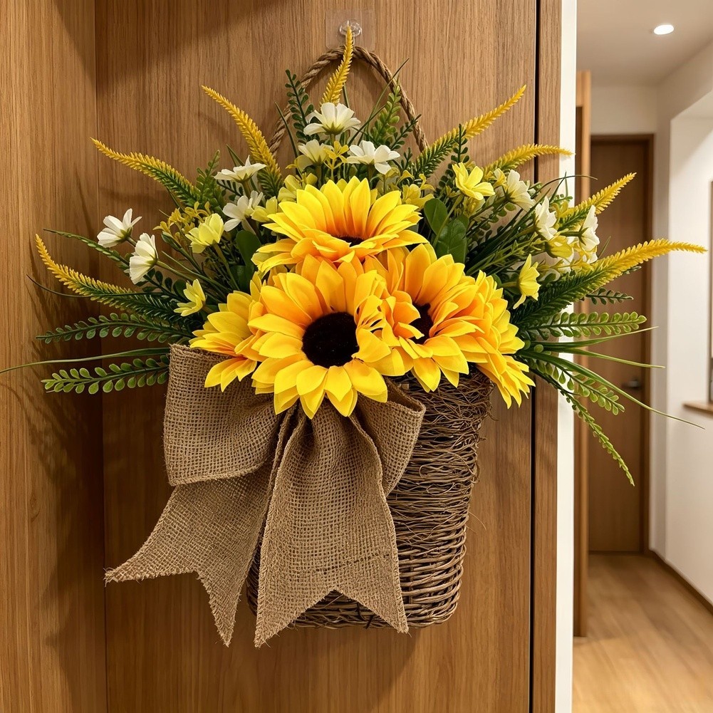 Plastic Sunflower Basket 35cm Handmade Autumn Wreath for Home Office Decor
