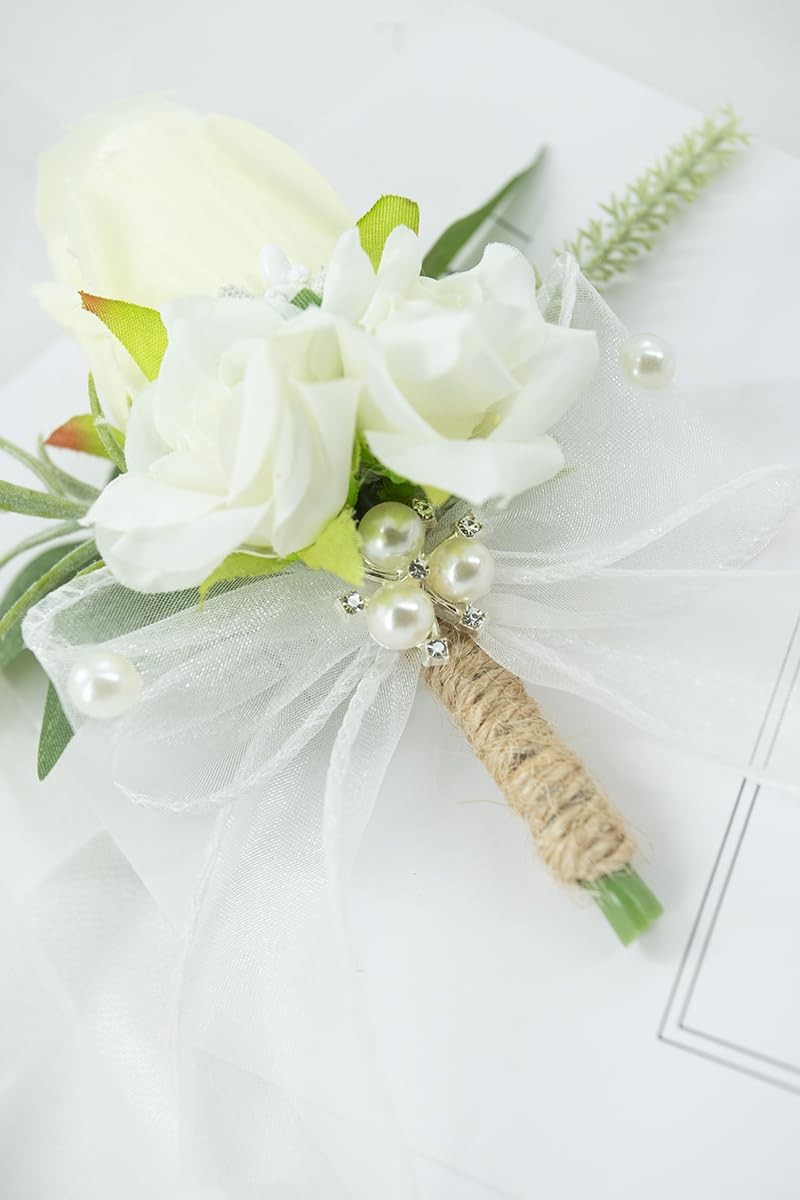White Corsage And Boutonniere Set Wedding Prom Artificial Rose Flower 2 PC