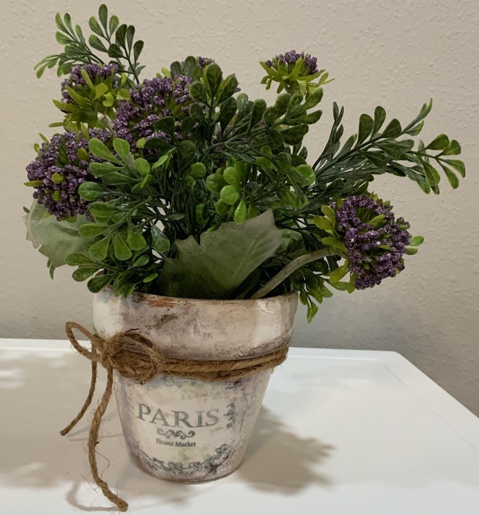 Distressed White Wash Terracotta Pot Paris Purple Flower Arrangement Bow