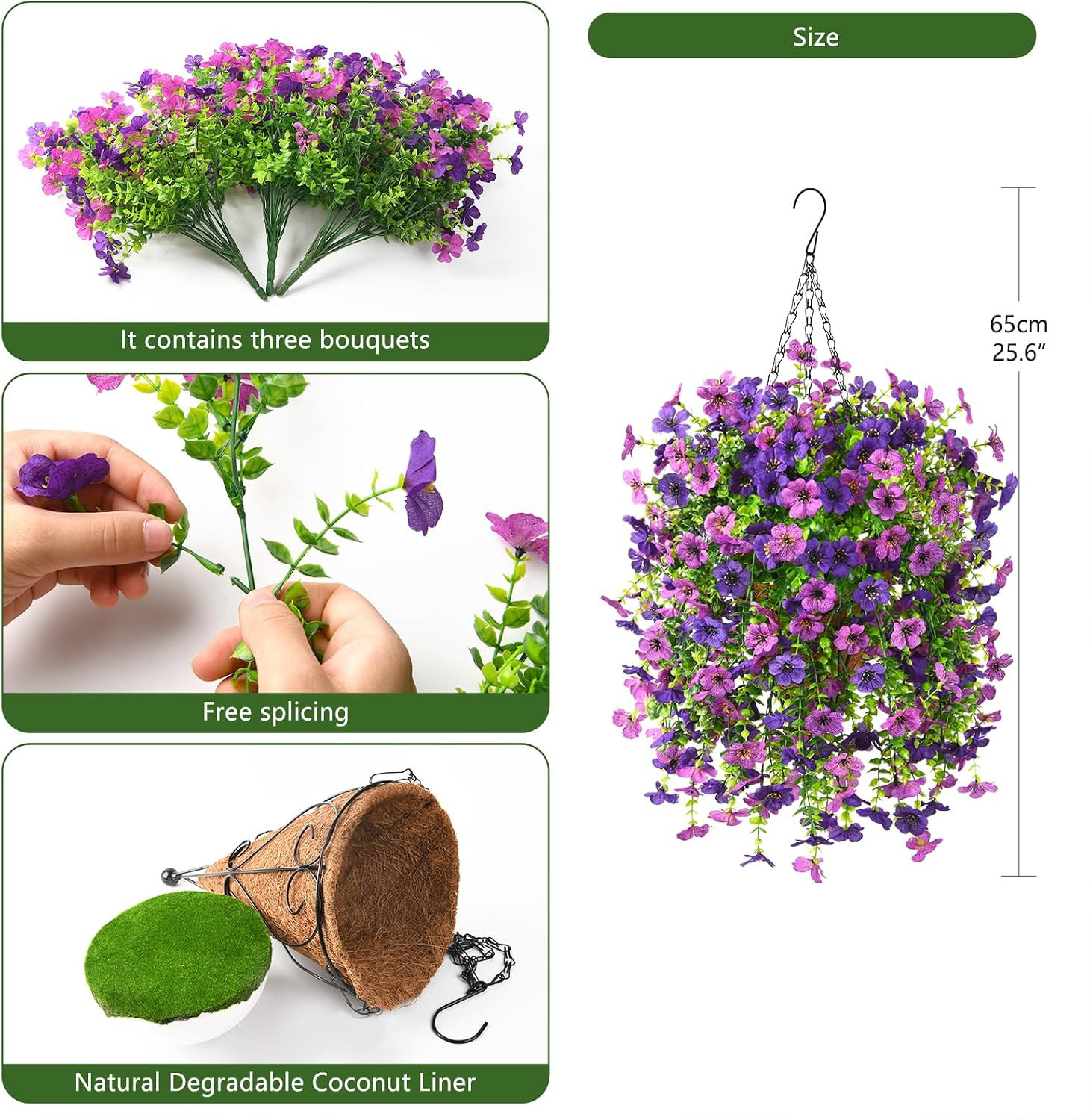 UV Resistant Faux Hanging Flowers Baskets for Outdoor Spring Decor – Mix Purple