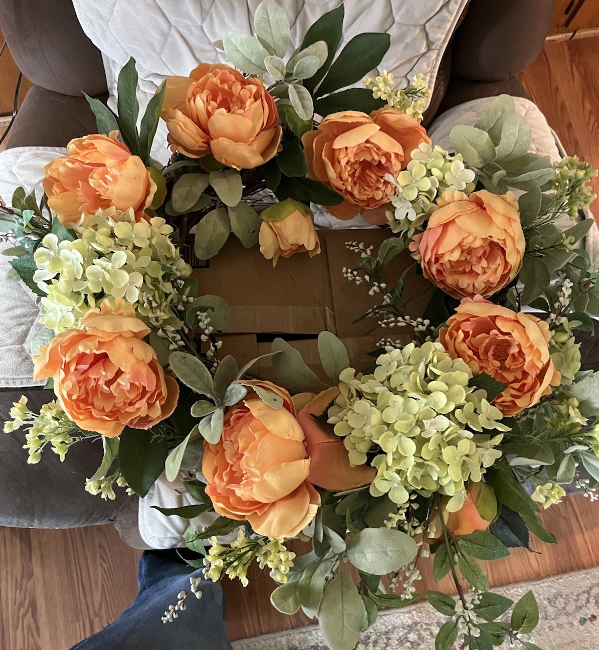 Artificial Floral Door Wreath – Orange Peony, Hydrangea Eucalyptus