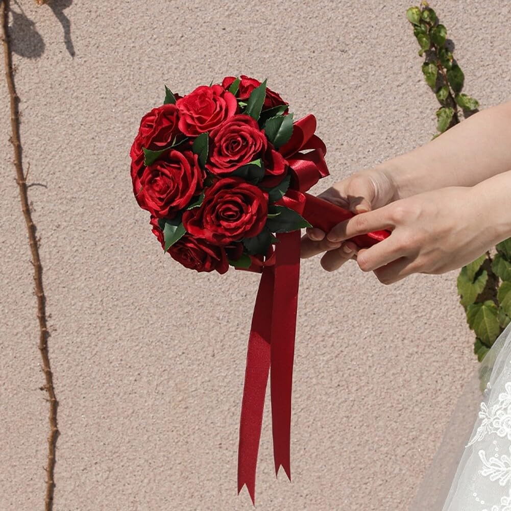 Wedding Bouquets Ribbon Artificial Dark Red Rose Bride Holding Flower
