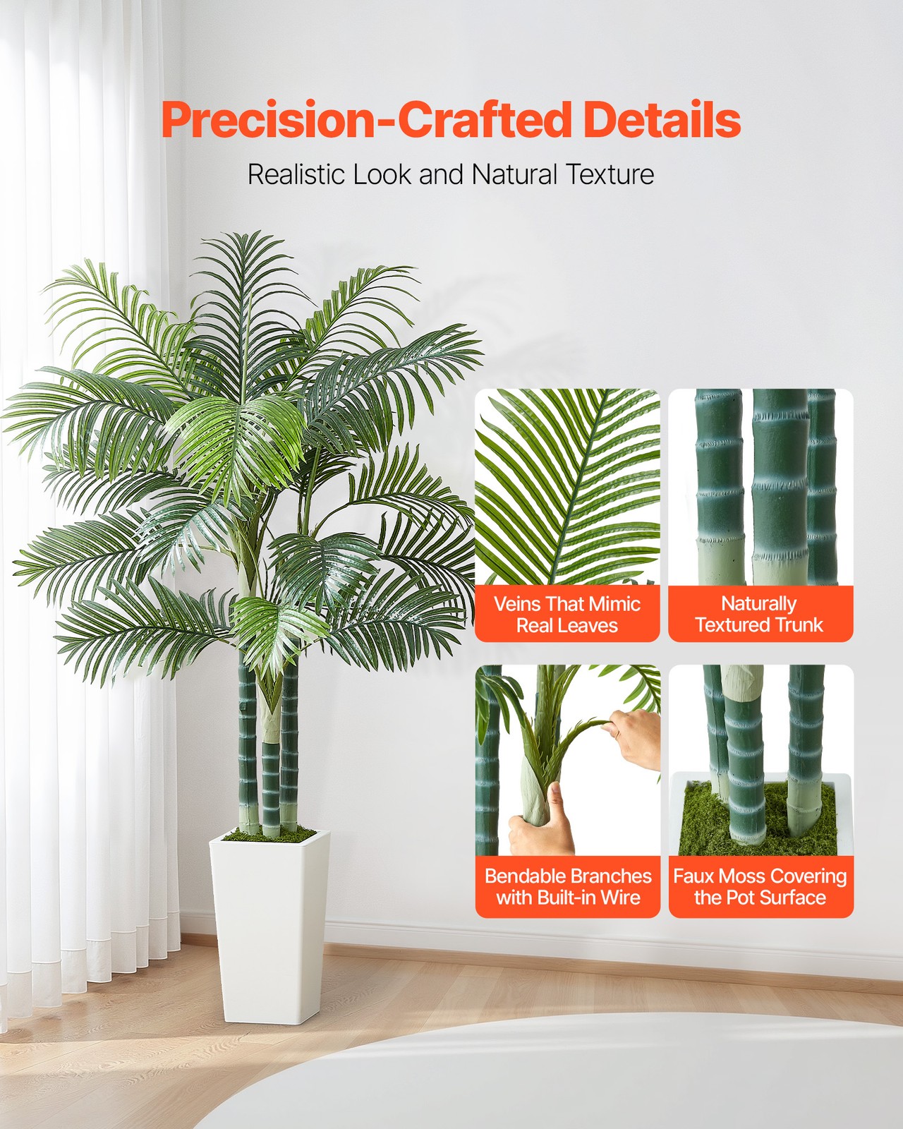 VEVOR 6ft Artificial Areca Palm Tree Fake Plant with White Planter Indoor