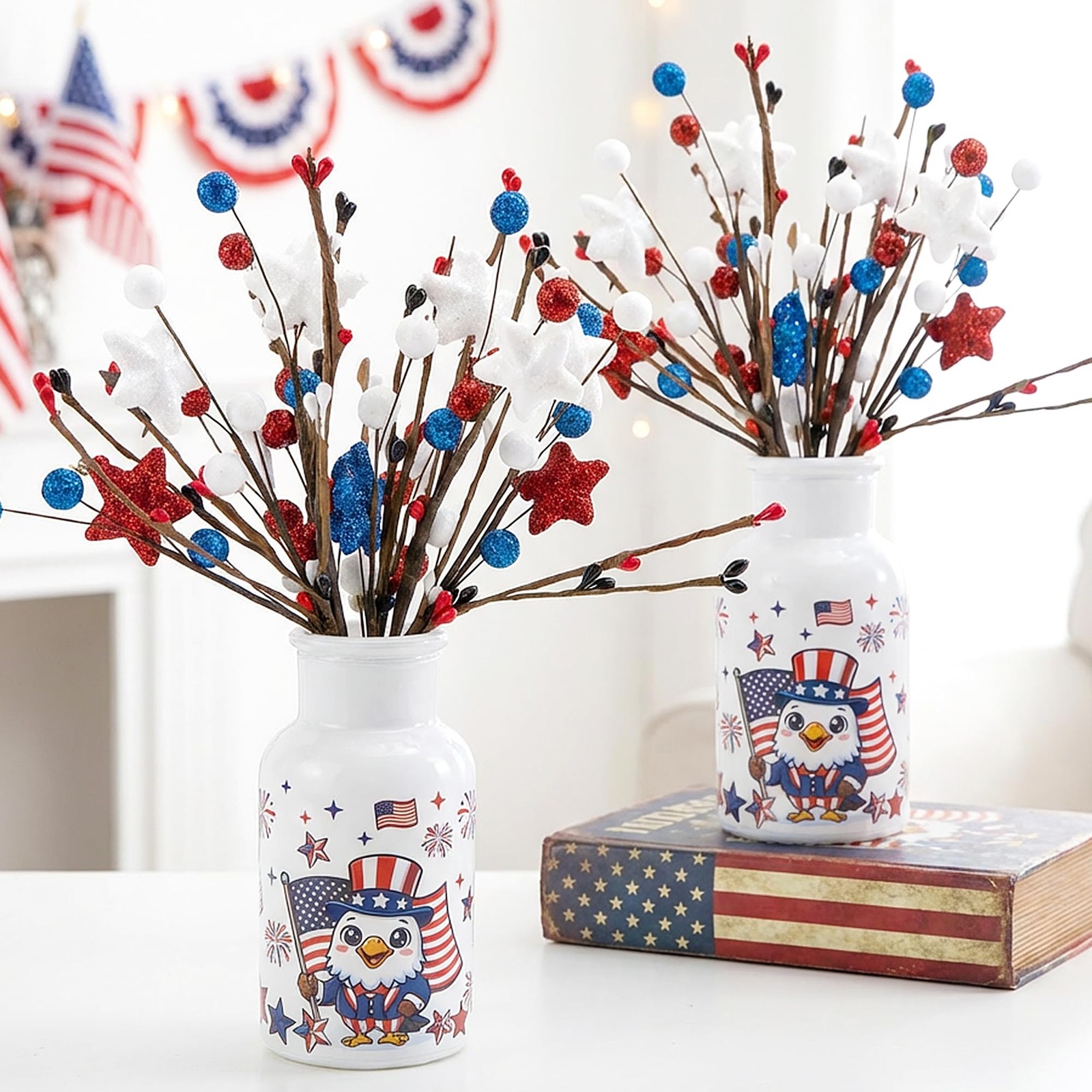 2 Set Patriotic Artificial Flower Stems with Glass Vase, 4th of July Artifici…