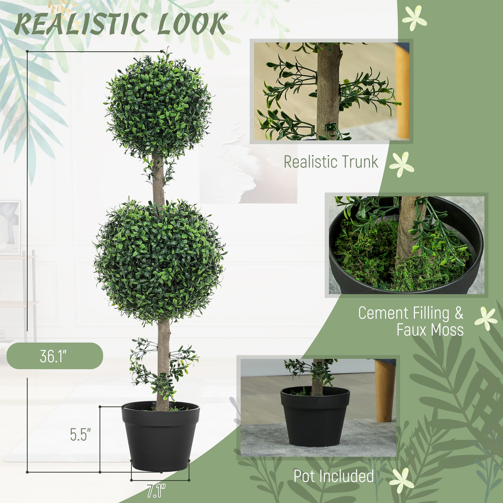 Set of 2 Decorative Artificial Plants Boxwood in Pot, 36 Inch