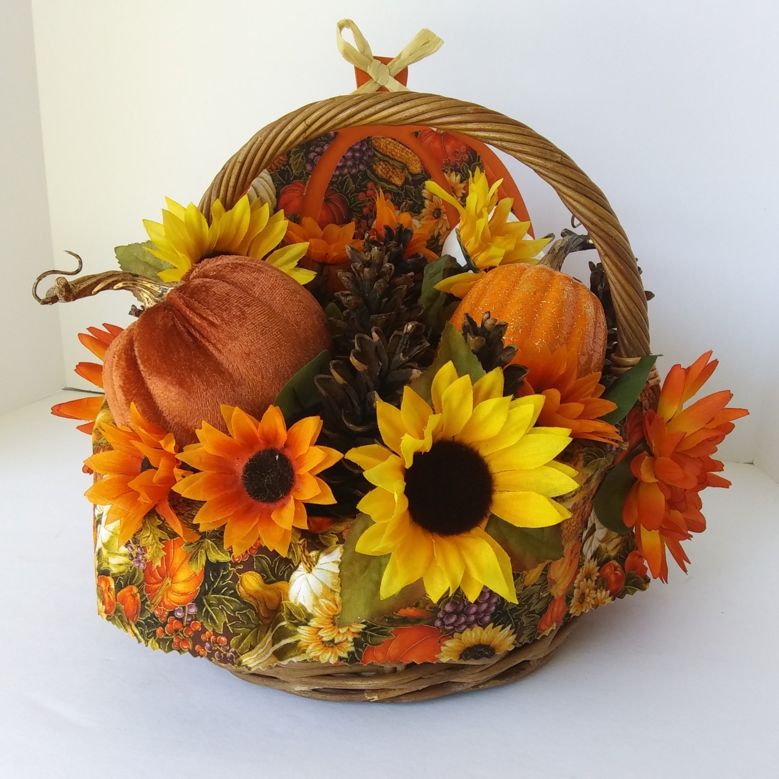 Fall Harvest Basket Centerpiece Sunflowers Pumpkins Pinecones Autumn Décor