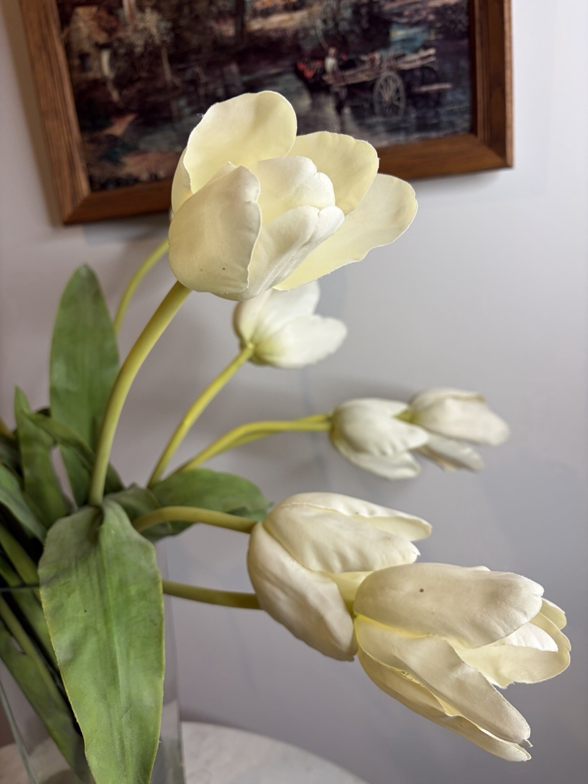 Artificial White Tulip Arrangement in Tall Glass Vase Faux Flower Centerpiece