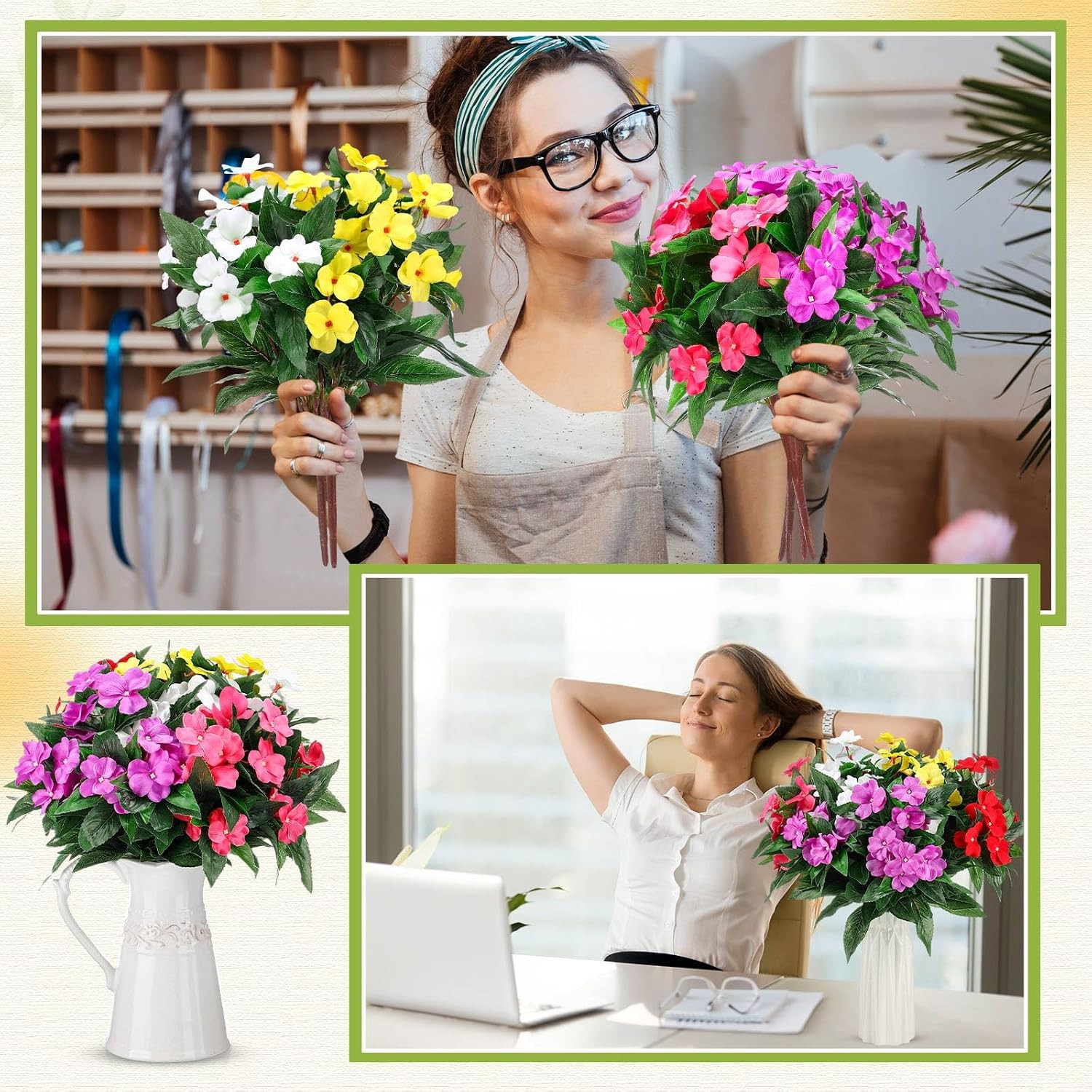 10 Bundles of Colorful Silk Impatiens Flowers for Indoor & Outdoor Decor