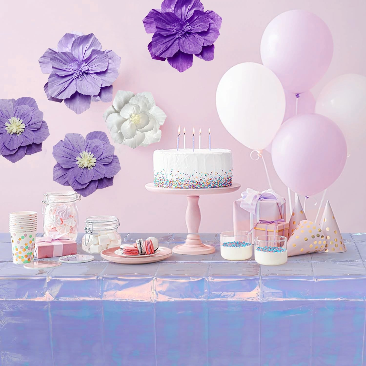 Purple Paper Flowers 5PCS 3D Flower Wall Decor – Violet White Lilac Pom Tissu…
