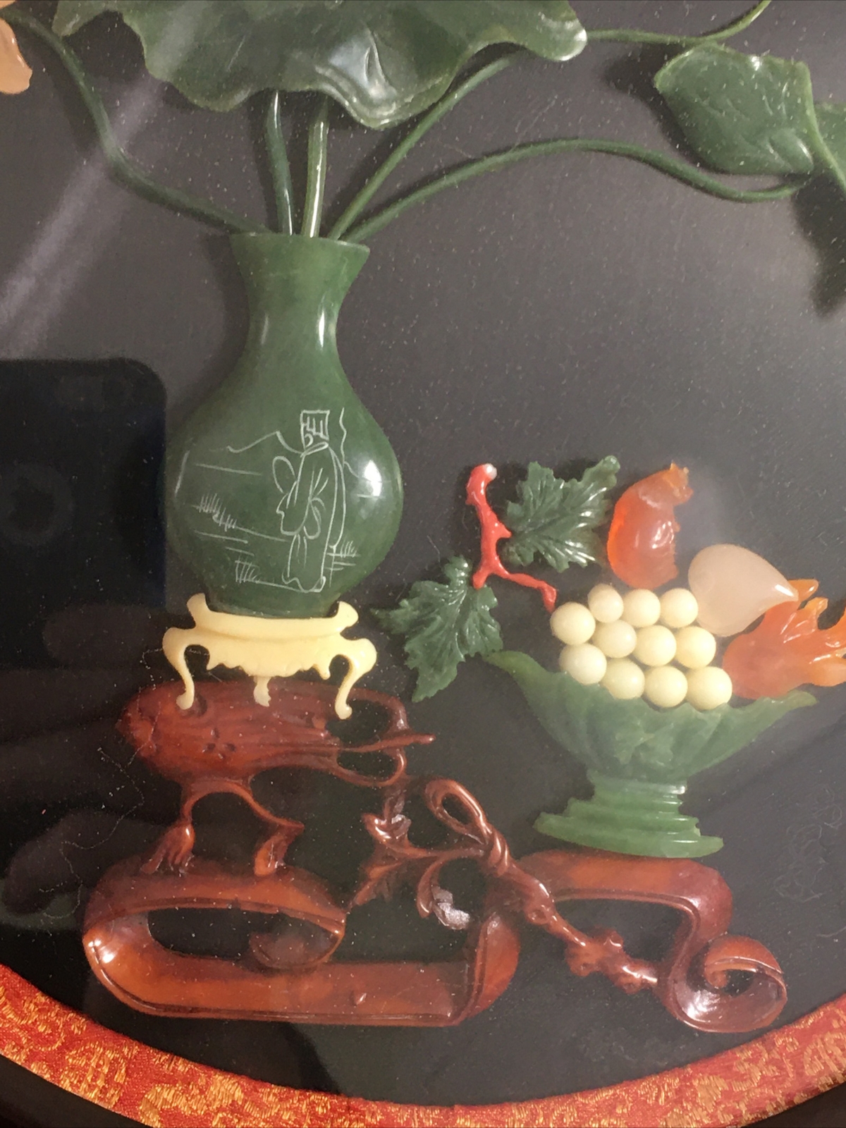 Vintage Beautiful Chinese Carved Green Jade Colored Flowers 12” Round Frame