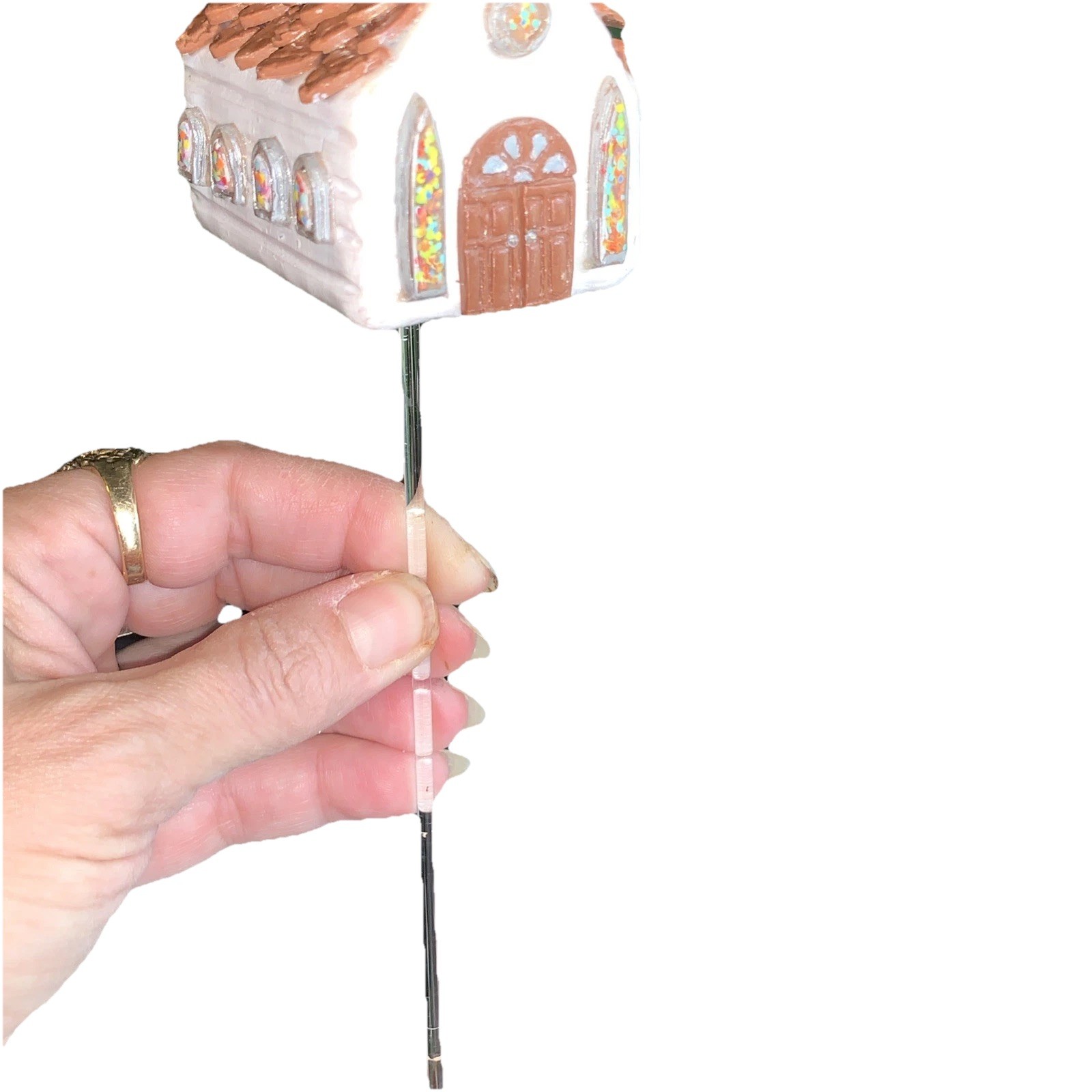 Handmade One Of A Kind Polymer Clay Church With Stained Glass Window Plant Stick