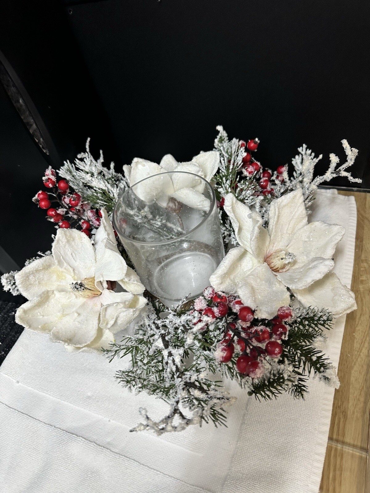 Frosted Magnolia & Red Berry Artificial Arrangement Candelabrum
