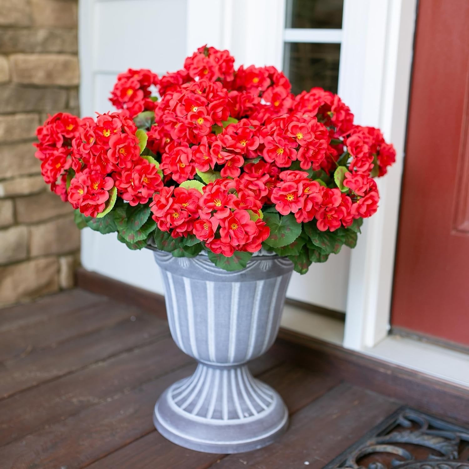 6 Bundles of Waterproof Red Artificial Geraniums for Elegant Outdoor Decor
