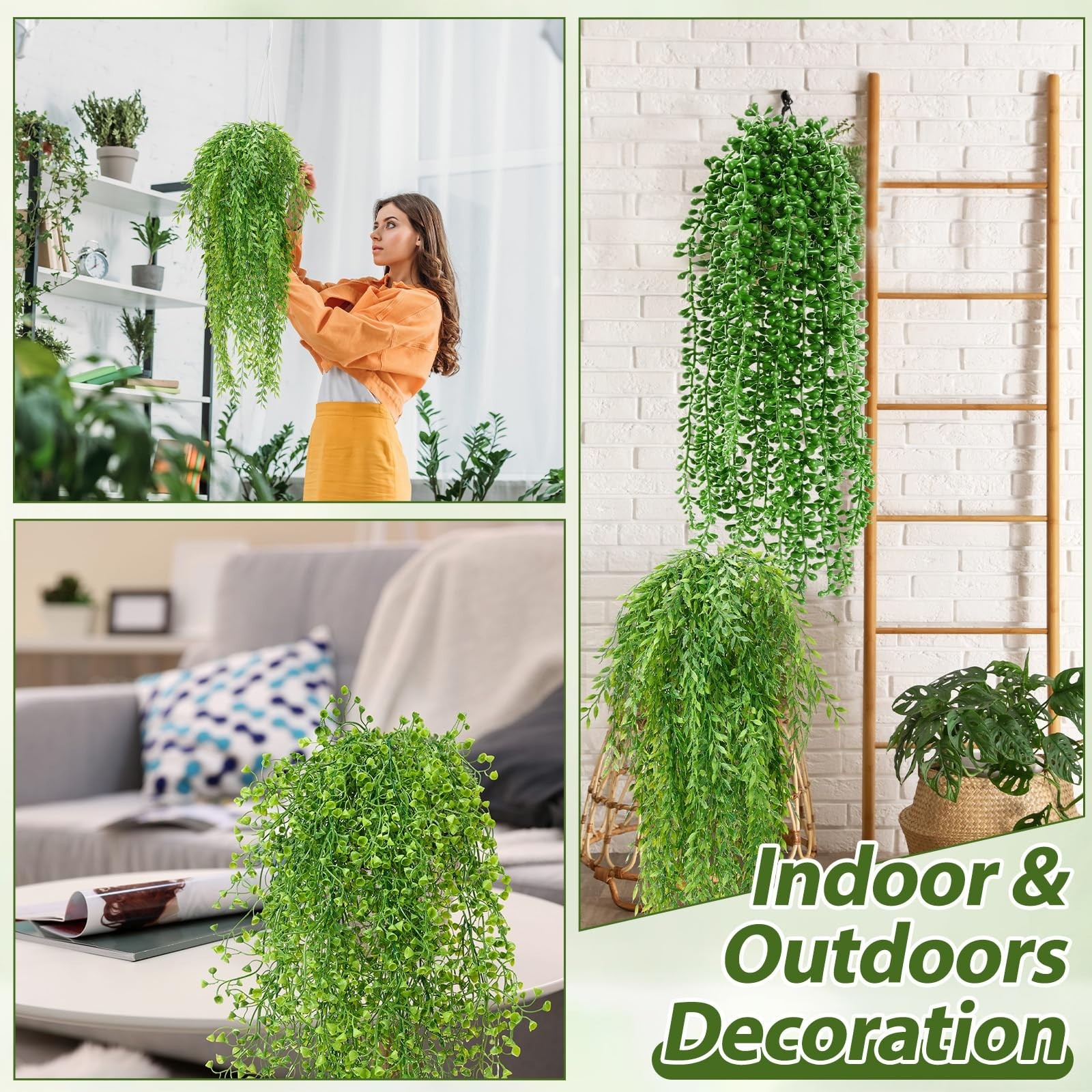 12 Pcs Artificial Hanging Plants – Fake Ferns & Succulents for Indoor Outdoor De