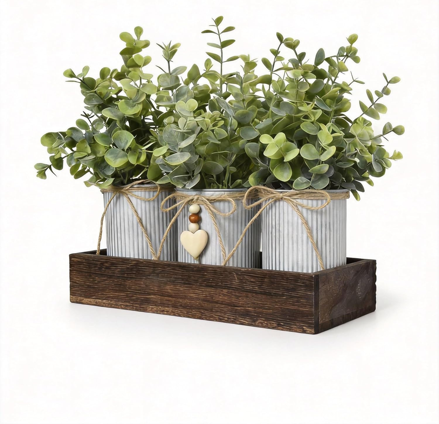 Rustic Farmhouse 3-Piece Artificial Eucalyptus Centerpiece – Wooden Tray with 3