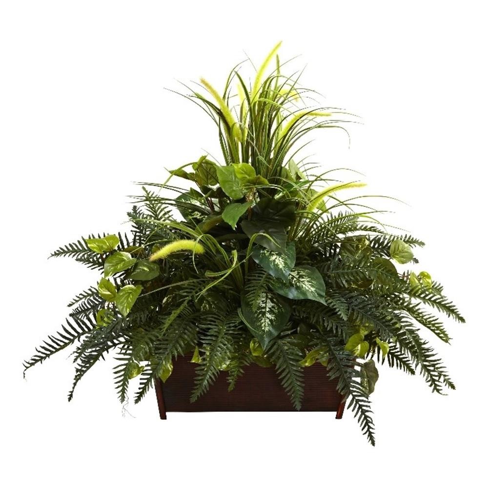 Nearly Natural Mixed Grass & River Fern with Wood Planter in Green