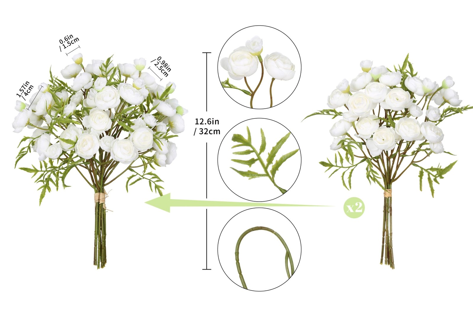 2 Bouquets White Flowers Artificial Ranunculus 60 Heads Small Faux Peonies Ar…