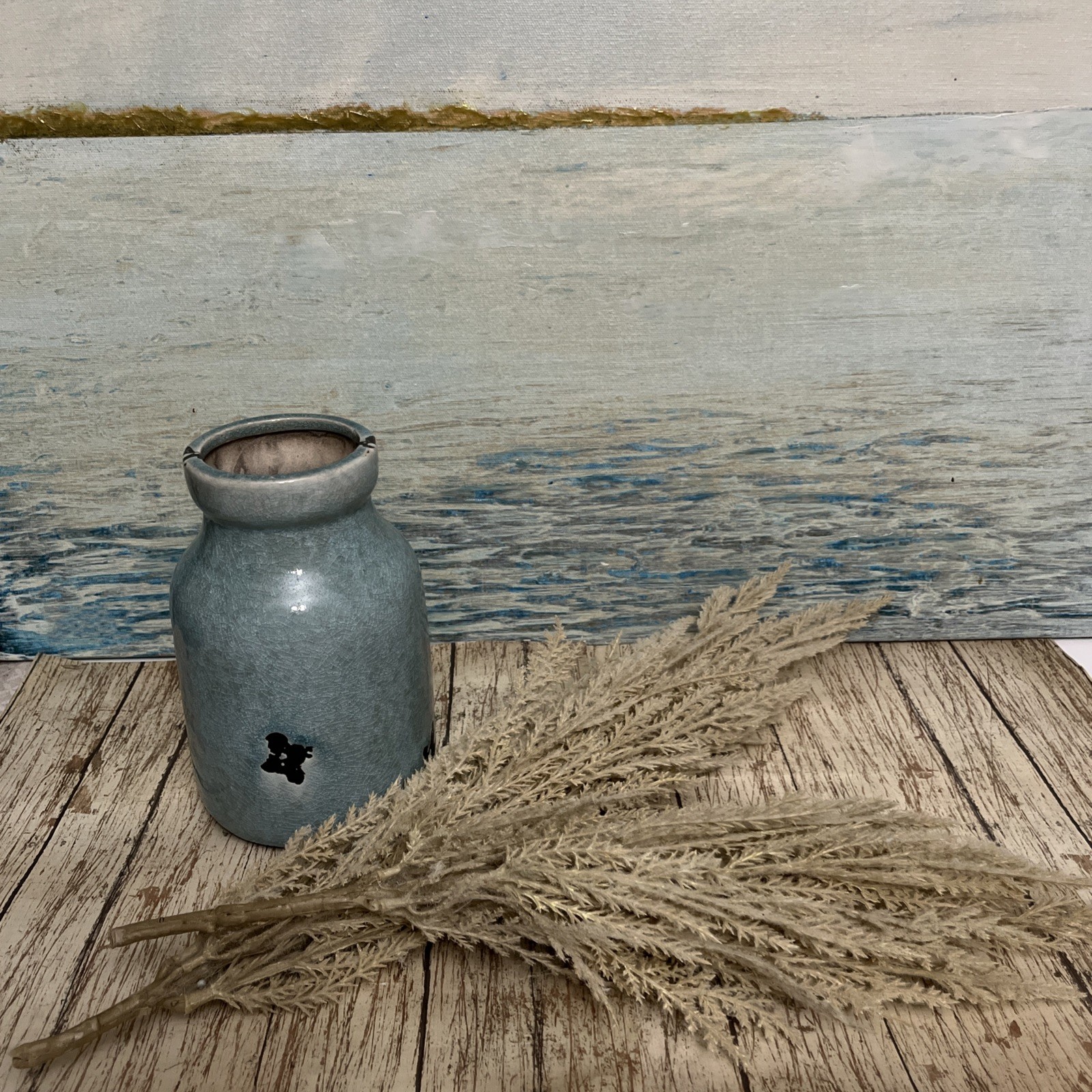 Blue Vase Distressed With Artificial Pampas Grass Arrangement Beige Coastal