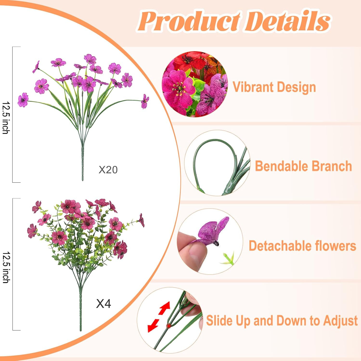 24 Bundles Artificial Flowers for Outdoor Decoration, Fake Flowers No Fade UV Re