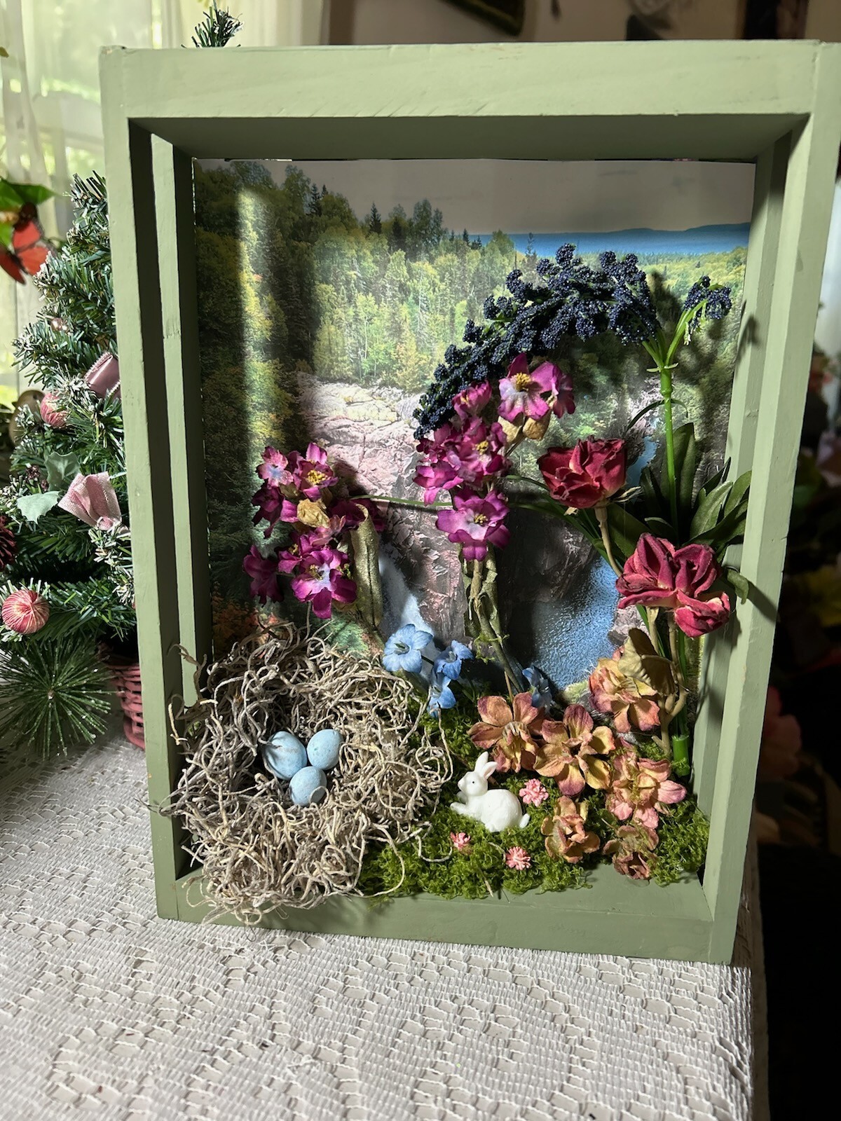 Handmade Nature Diorama Waterfall Birds Nest Dried Flowers