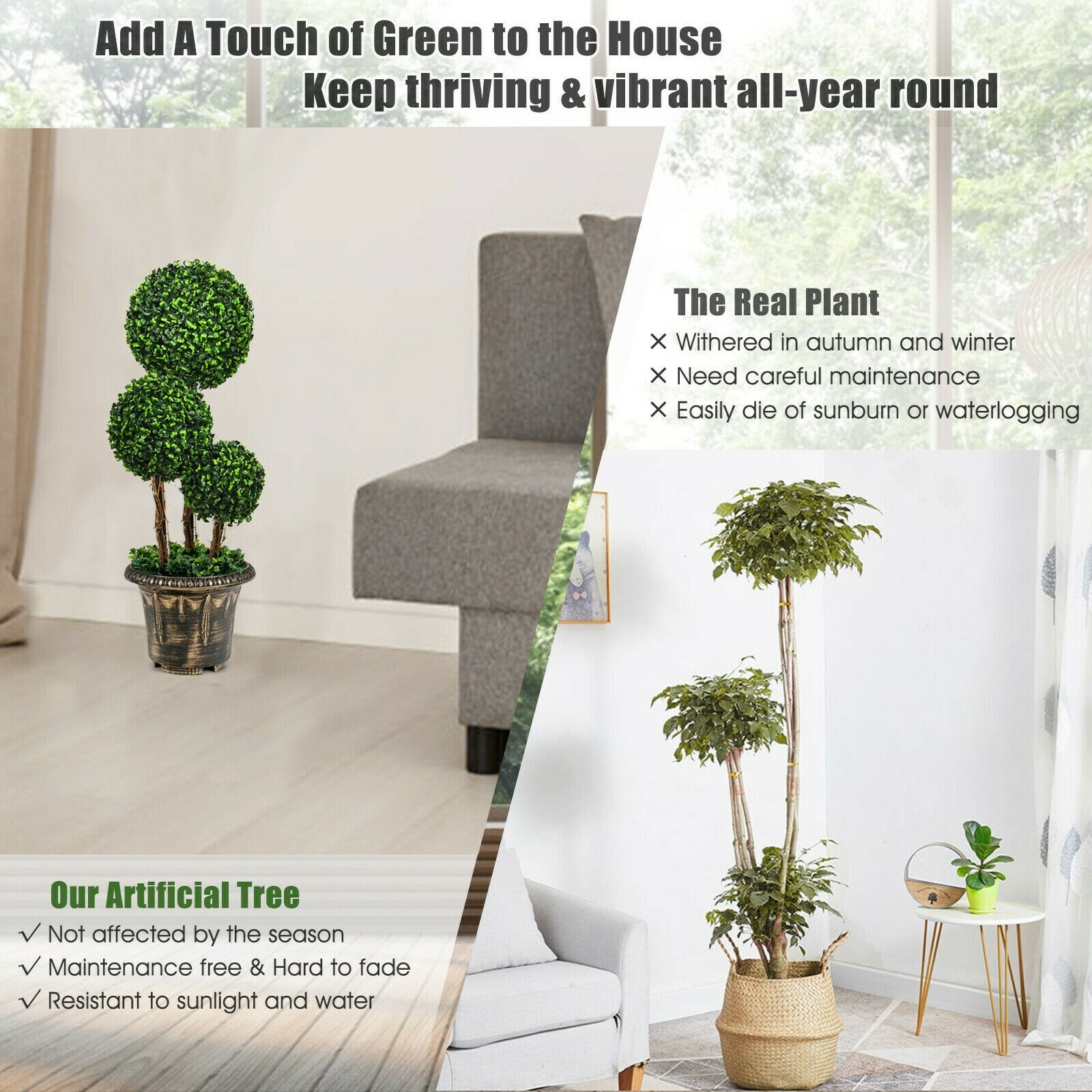 Costway 30″ Artificial Topiary Triple Ball Tree In/Outdoor UV Resistant Office