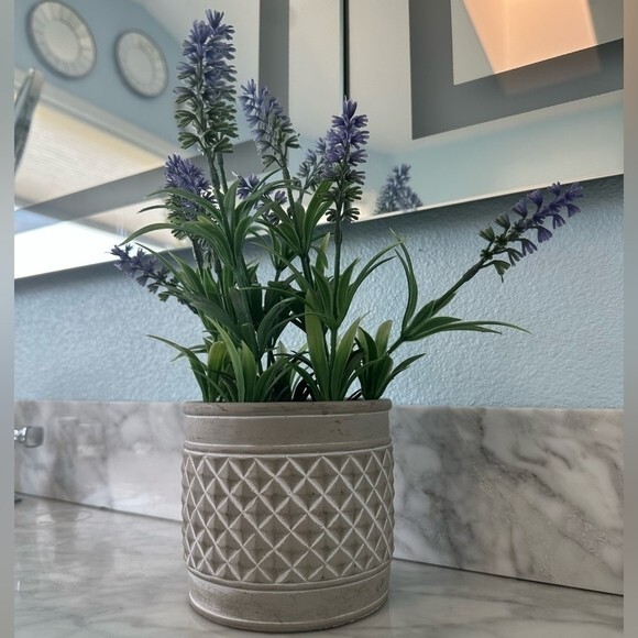 Artificial Lavender Plant White Cement Planter 12″ Indoor Outdoor Faux Floral VG