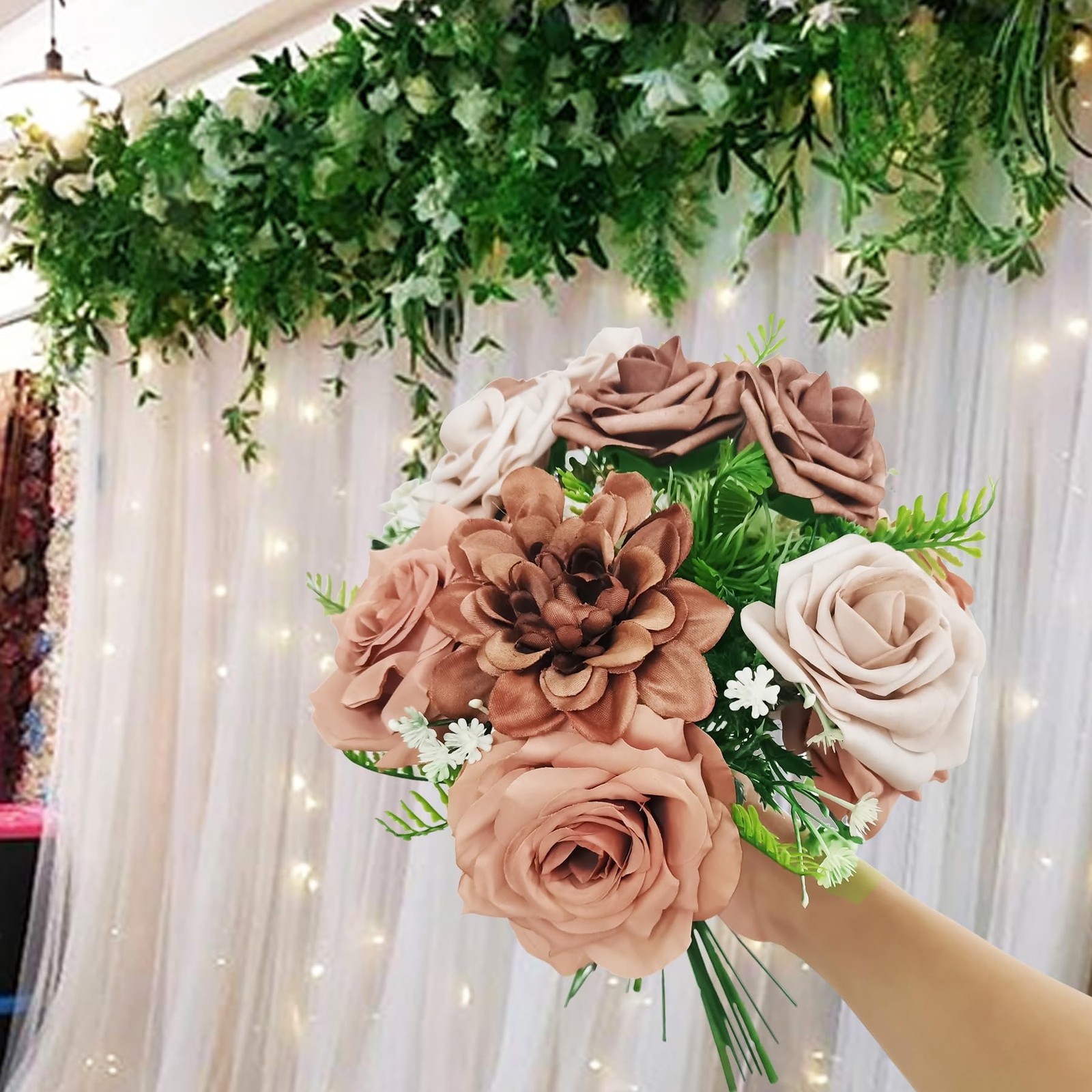20 PCS Artificial Fake Flowers Roses Mixed Coffee Brown Faux DIY Wedding Decor