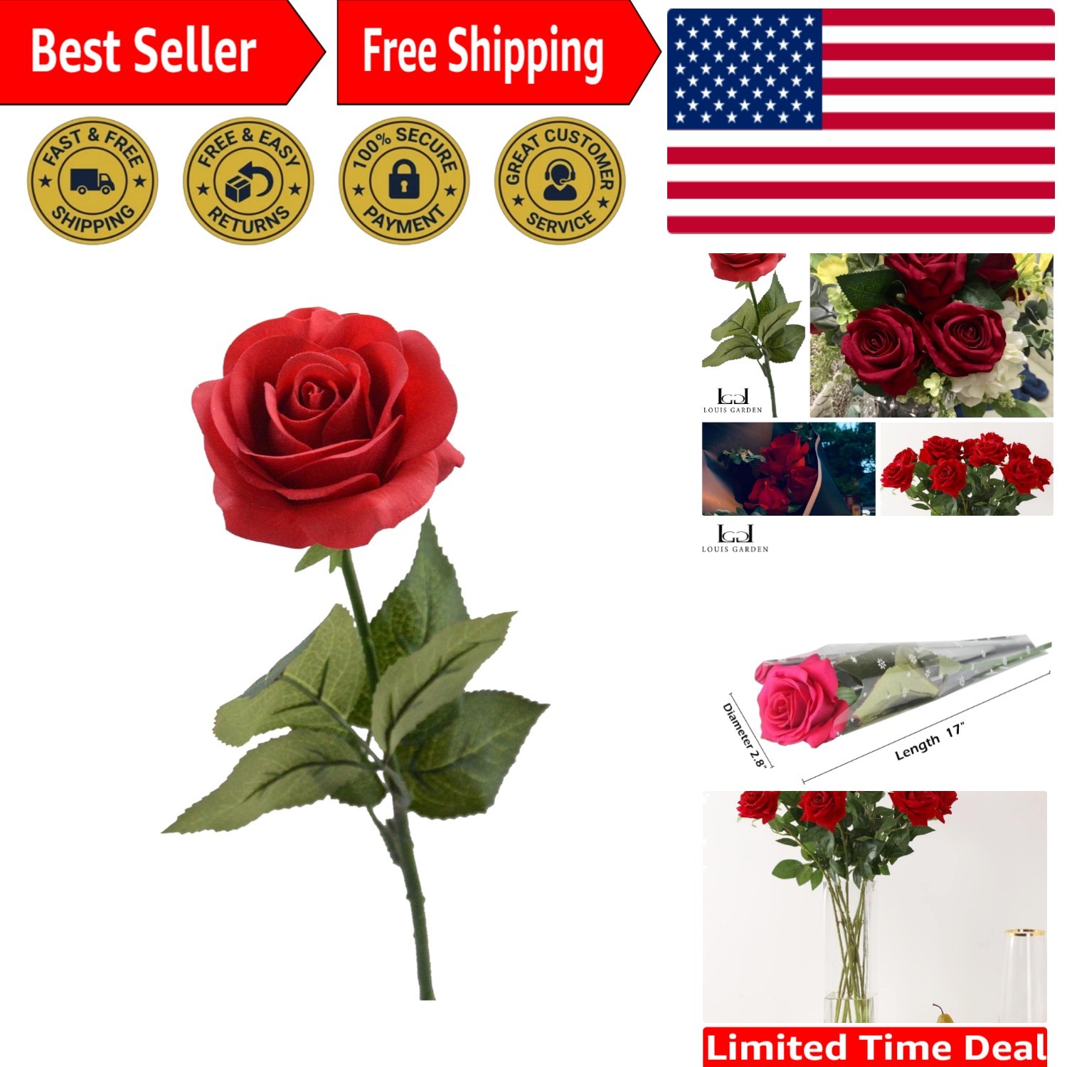 Red Rose Artificial Flowers, 1Pc 17″ Single Red Rose for Valentine’s Mother’s Da