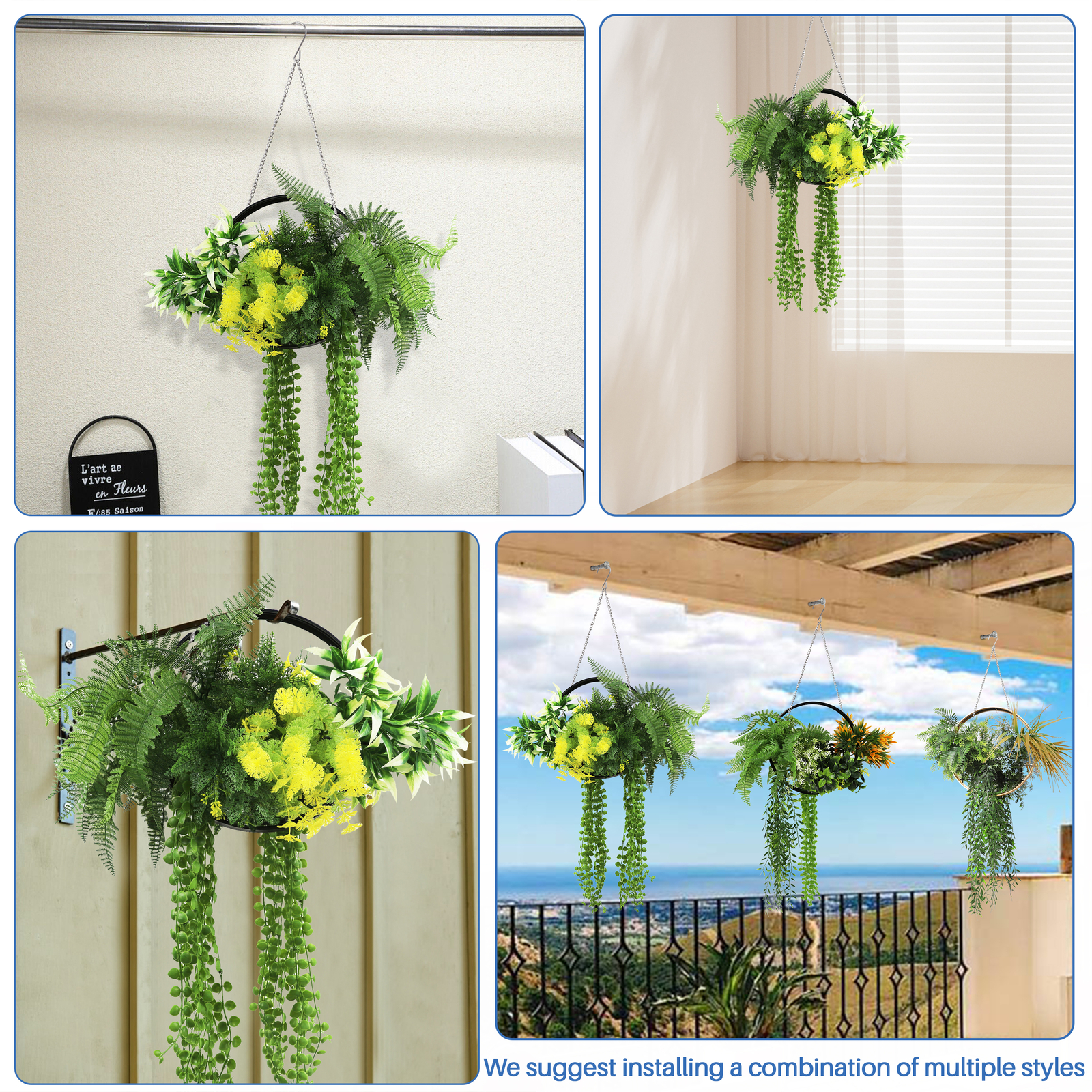 Artificial Hanging Plants Greenery w/ Black Frame For Wedding Home Office Decor