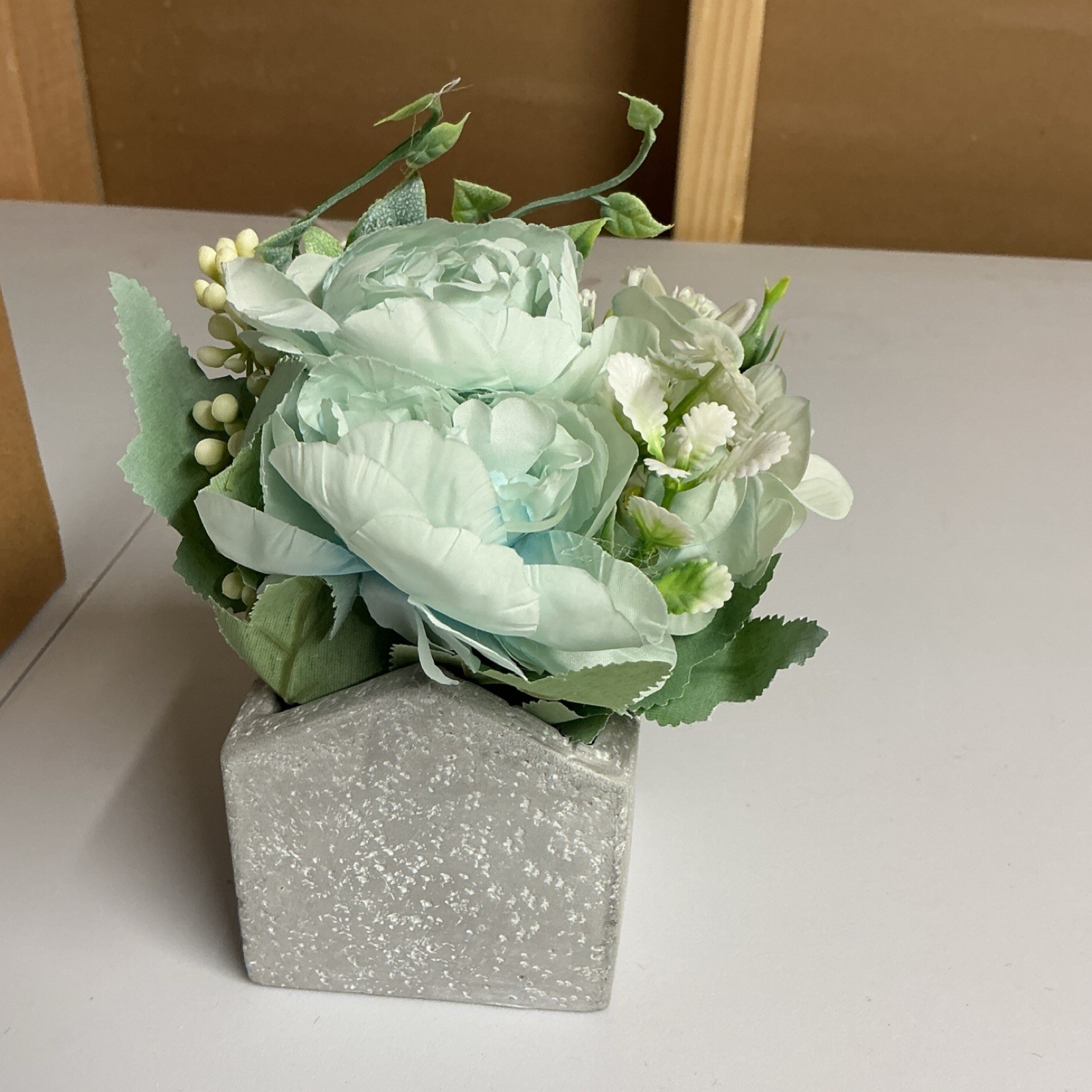 Artificial Floral Arrangement in Gray House Planter Pot with Greenery Plastic