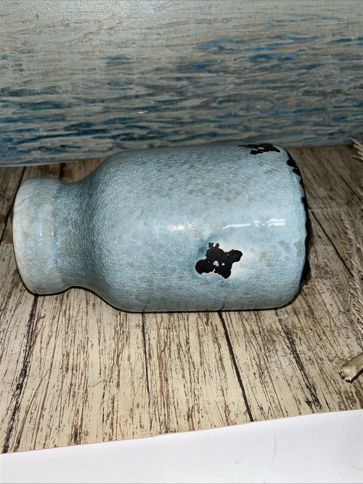 Blue Vase Distressed With Artificial Pampas Grass Arrangement Beige Coastal