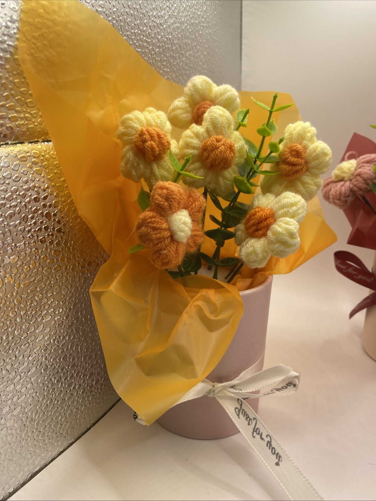 Crochet Flower Bouquet Handmade Yarn Artificial Flower (pink, Red, or Yellow)