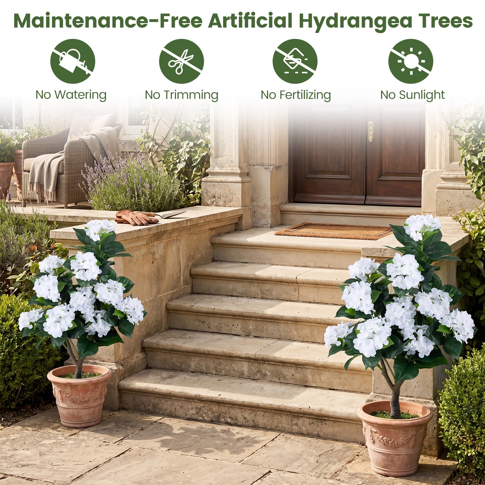 2 Pack Artificial Hydrangea Tree Fake Floral Plant with 11 White Flowers