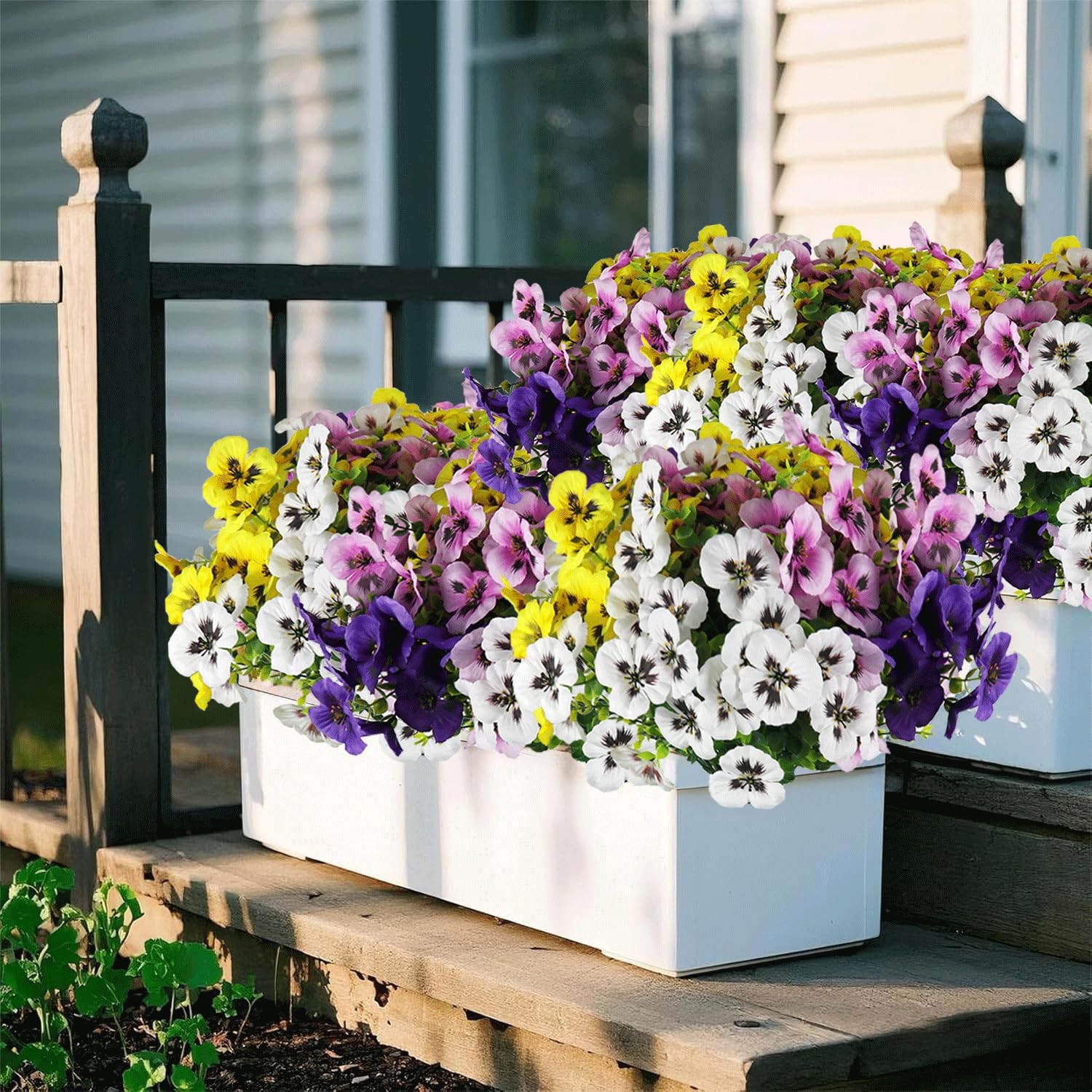 Artificial Fake Pansy Flowers UV Resistant Faux Silk 12 Bundles Yellow Purple