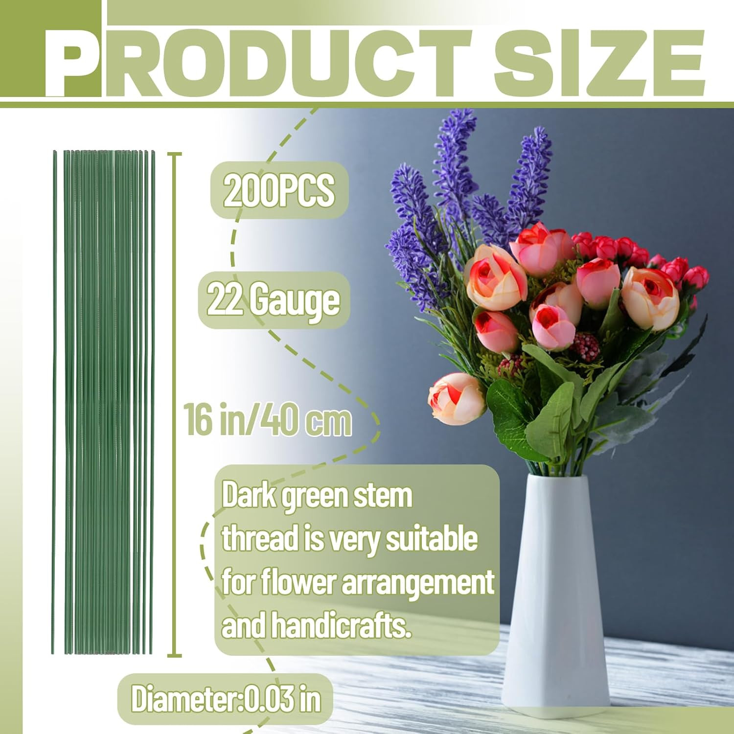 200 PCS 22 Gauge Floral Stem Wire Flower Arrangements and DIY Crafts,Dark Green,
