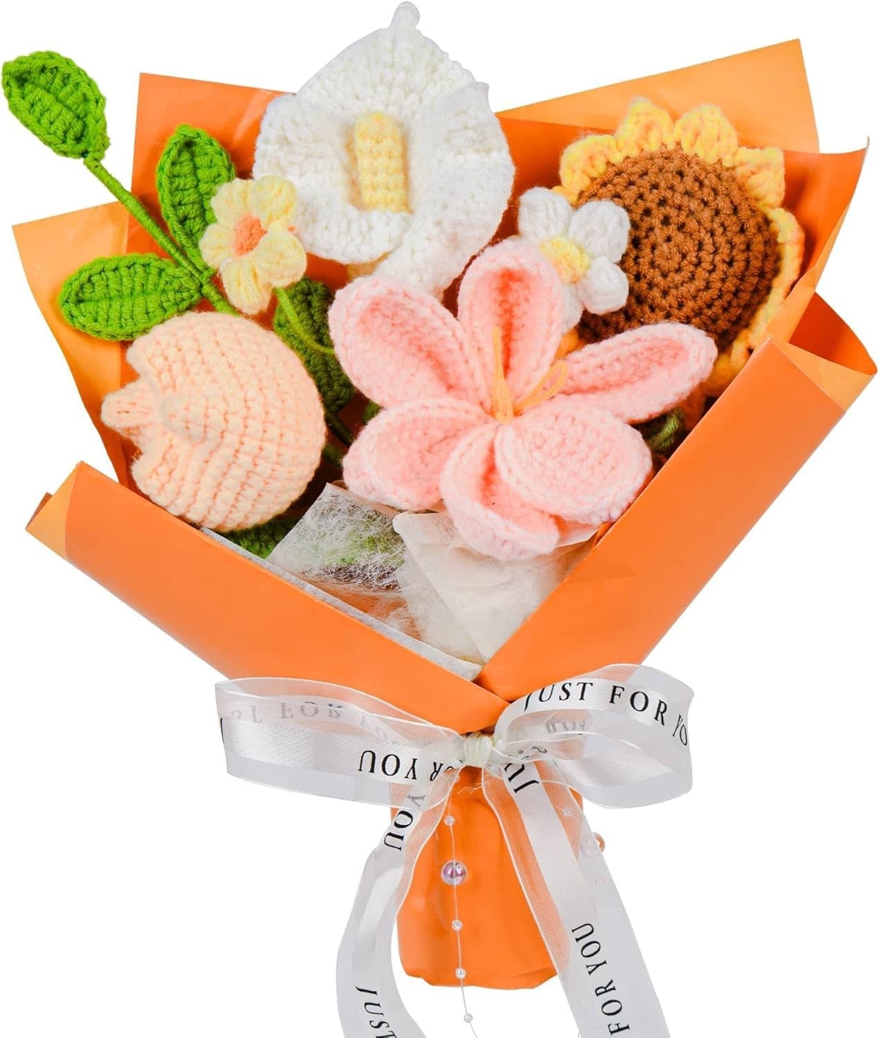 Handmade Crochet Flower Bouquet Orange Tulip Knitted Bouquet for Birthday