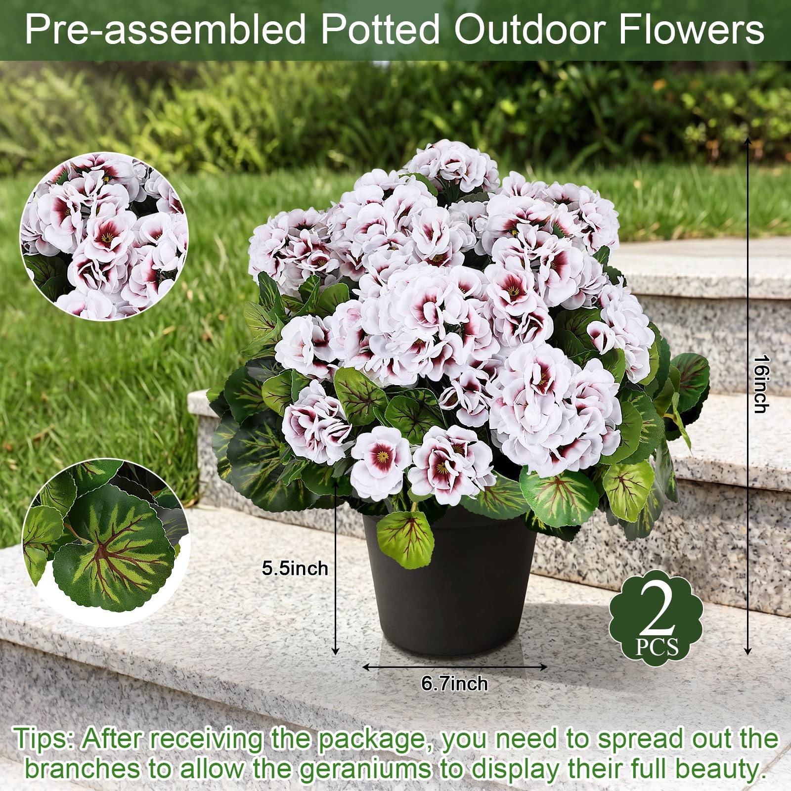 Set of 2 Artificial Geranium Potted for Outdoor, Pre-Made, White
