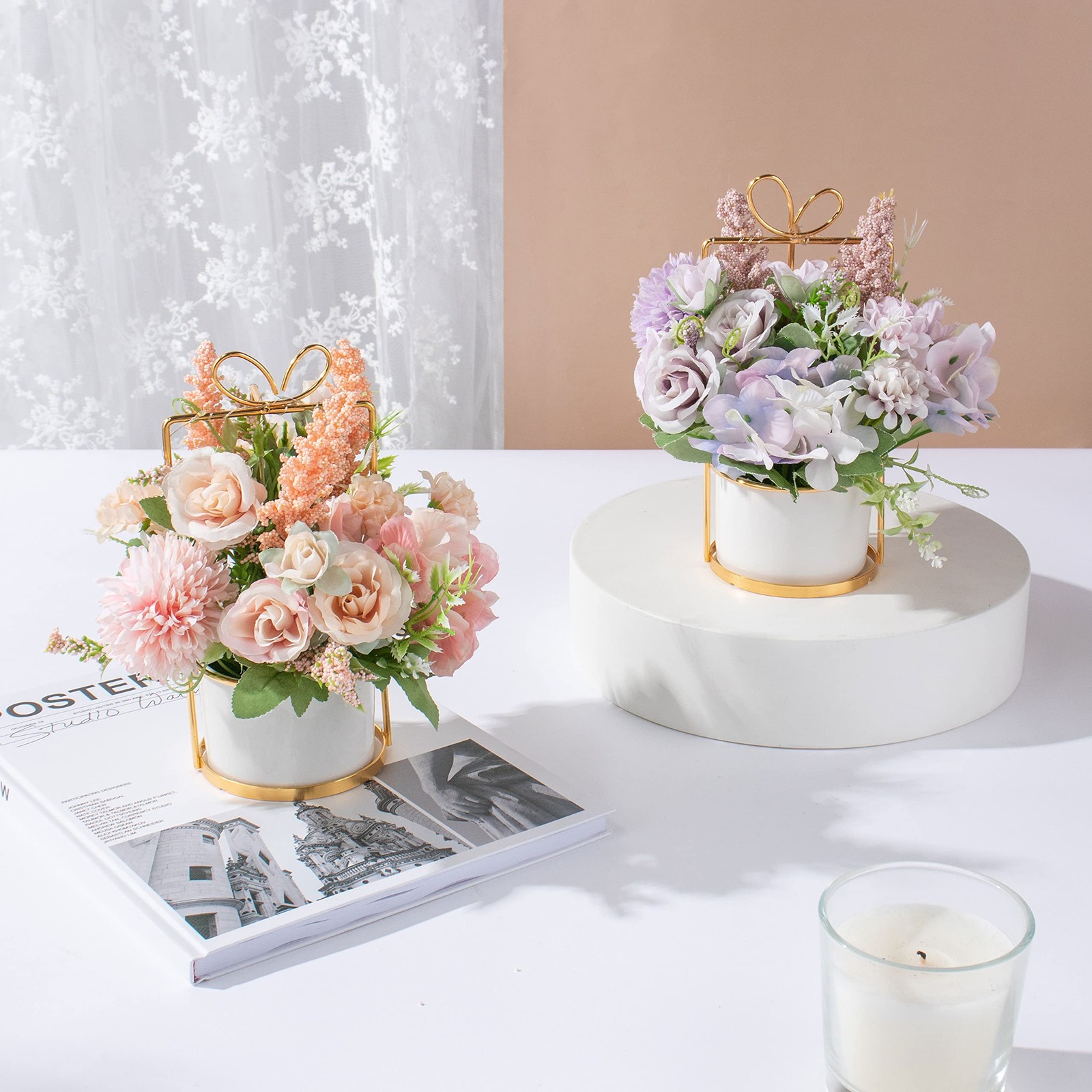 Set of 2 Artificial Flowers Potted Fake Pink and Purple Flowers Hanging Potte…