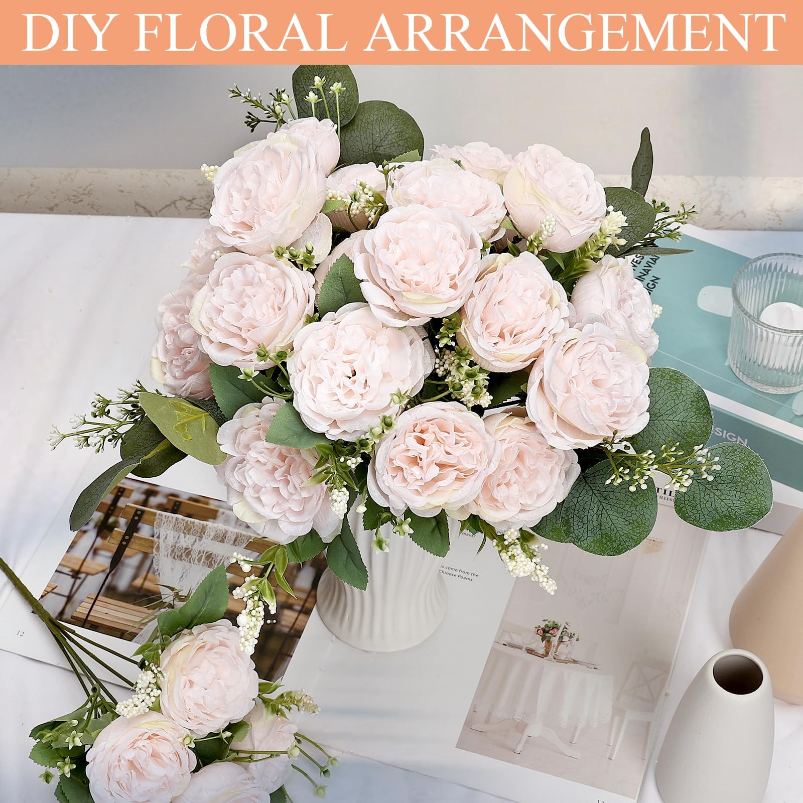 Peonies Artificial Flowers Bulk, 12 Bundles Fake Silk Peonies Faux Eucalyptus…