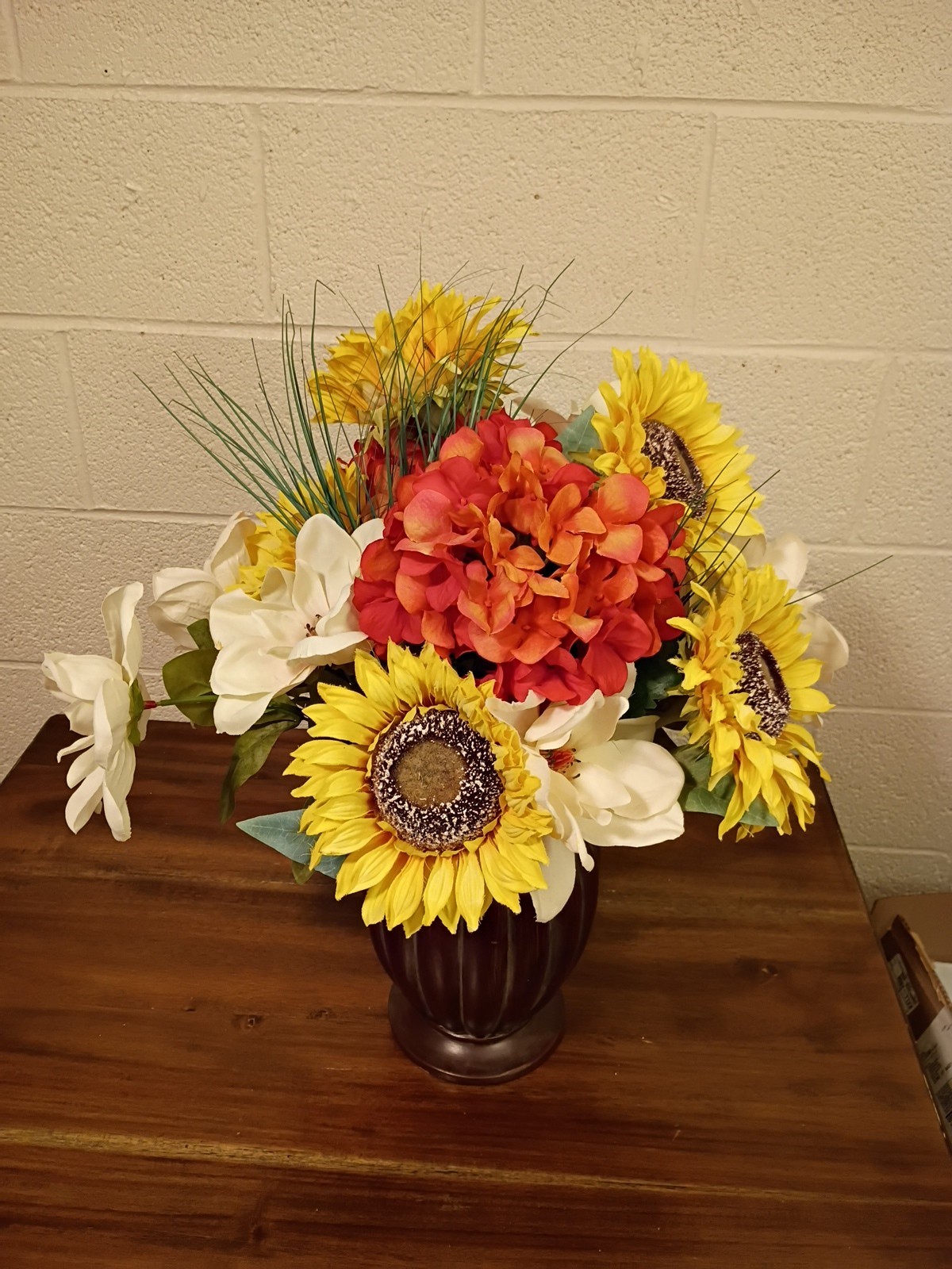 Bouquet of Large Silk Flowers In Bronze Vase