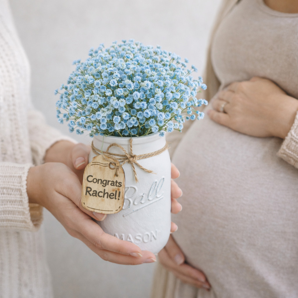Blue Billy Button Mason Jar Arrangement Baby Shower Centerpiece Nursery Decor