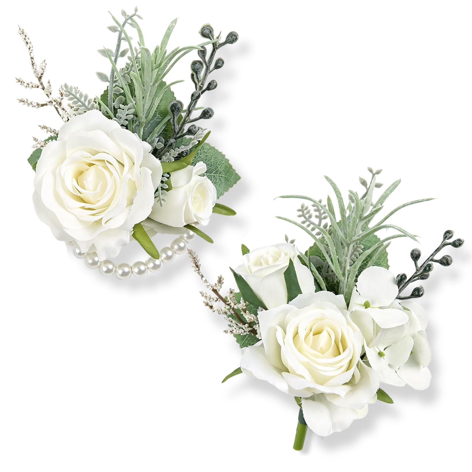 White Faux Silk Rose Corsage and Boutonniere Set for Wedding Prom
