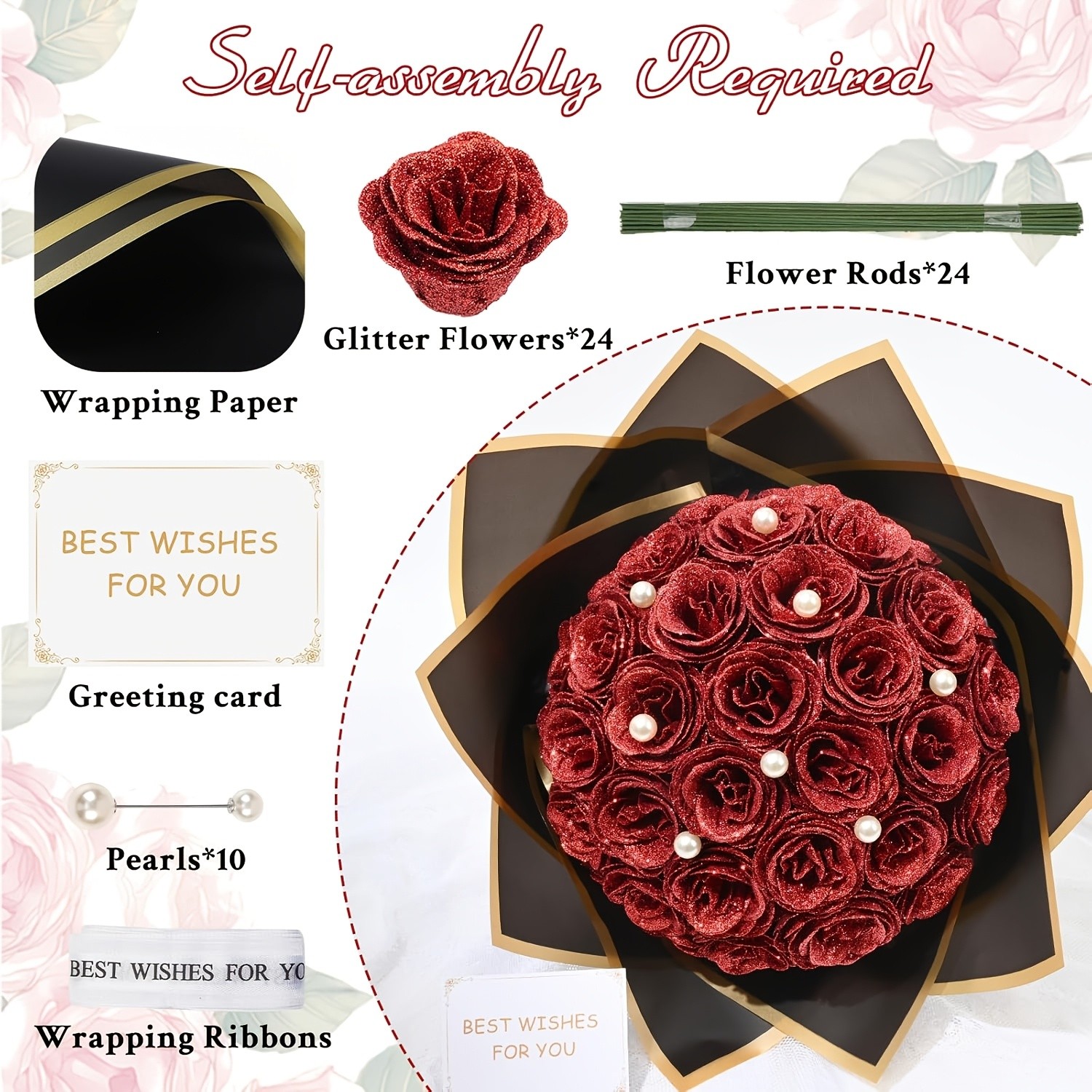 24 Pcs Glitter Rose Bouquet Shiny Artificial DIY Everlasting Birthday Wedding