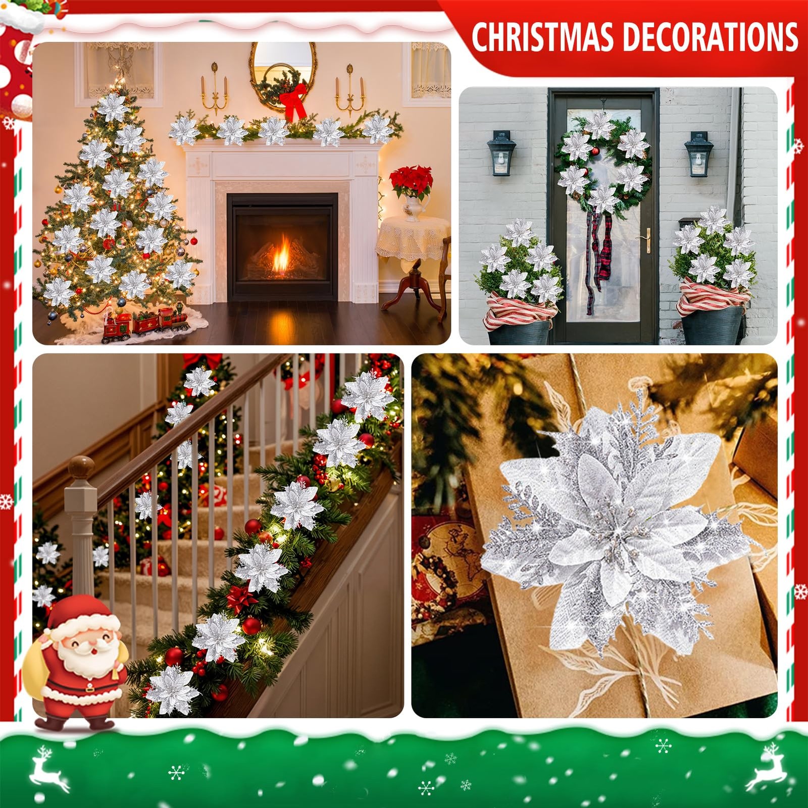 24 PCS Silver Christmas Artificial Poinsettia Flowers Glitter 5.9 Inch Clips