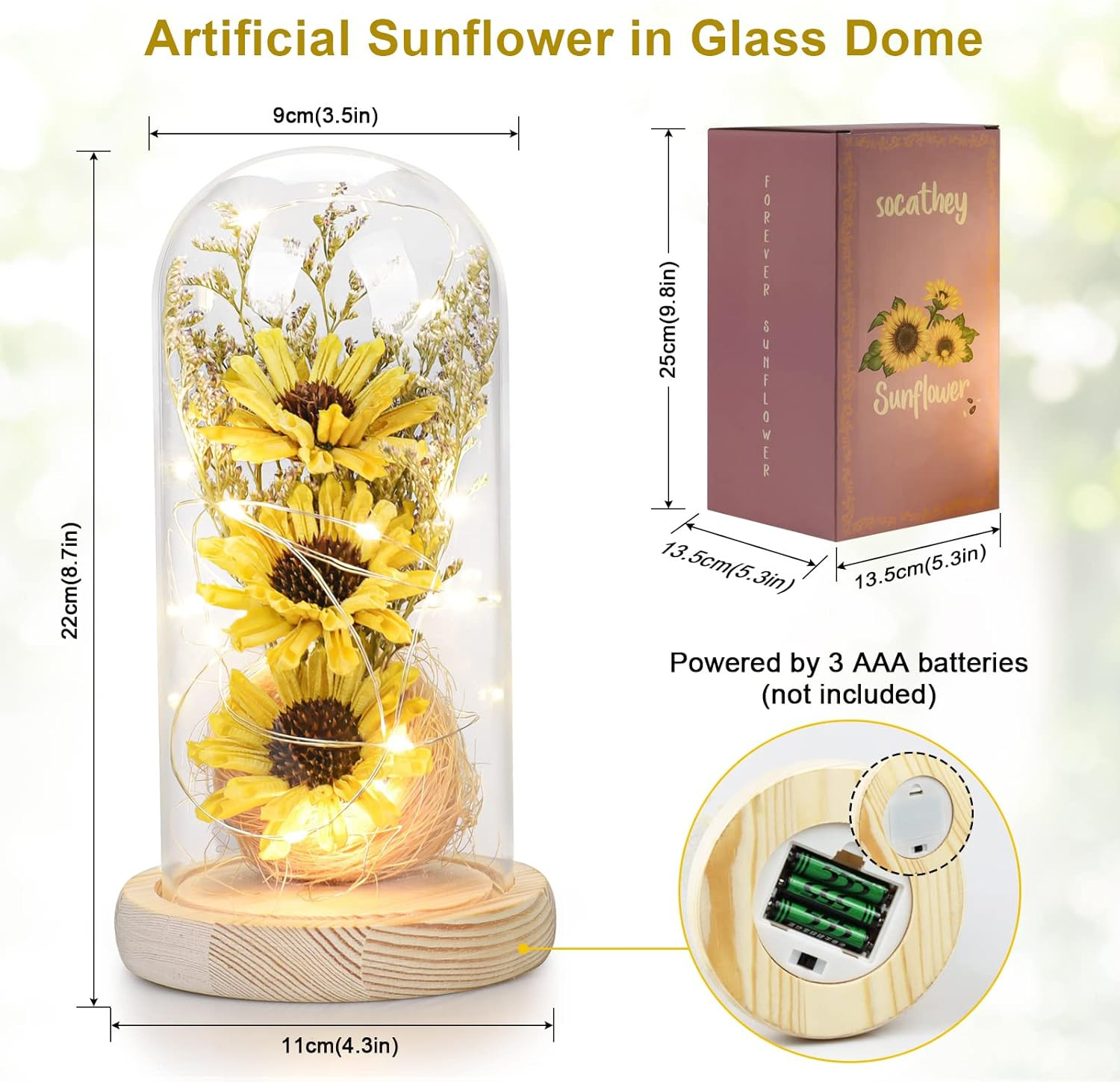 Sunflower Gifts for Women, Artificial Sunflowers in Glass Dome with LED Strip