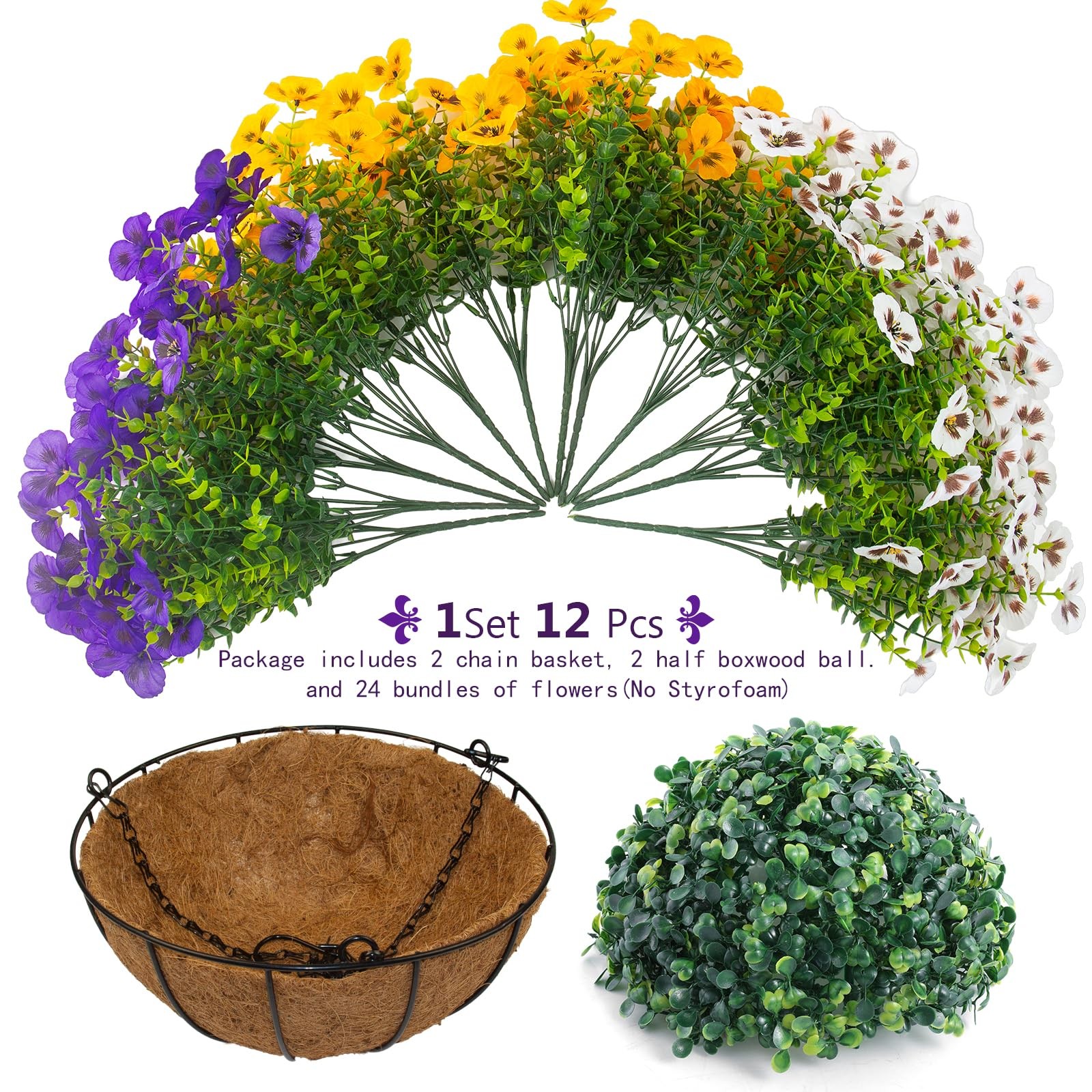 2 Sets Artificial Hanging Pansy Flowers with Baskets, 24 Pcs UV Resistant Fau…