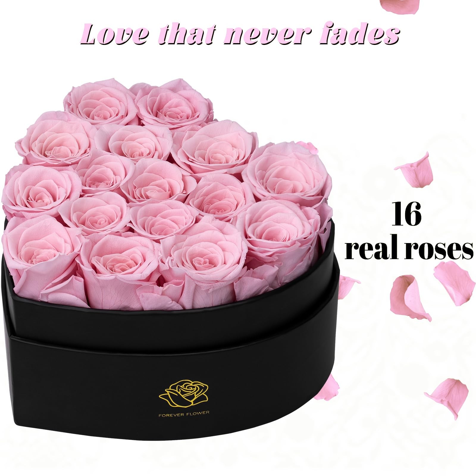 16 PCS Pink Forever Flowers Preserved Roses In HeartShaped Box Present