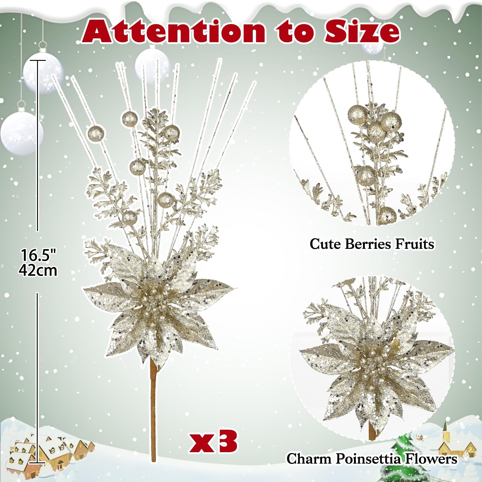 3 Pcs Champagne Artificial Poinsettia Flowers Picks Glitter Christmas Floral …